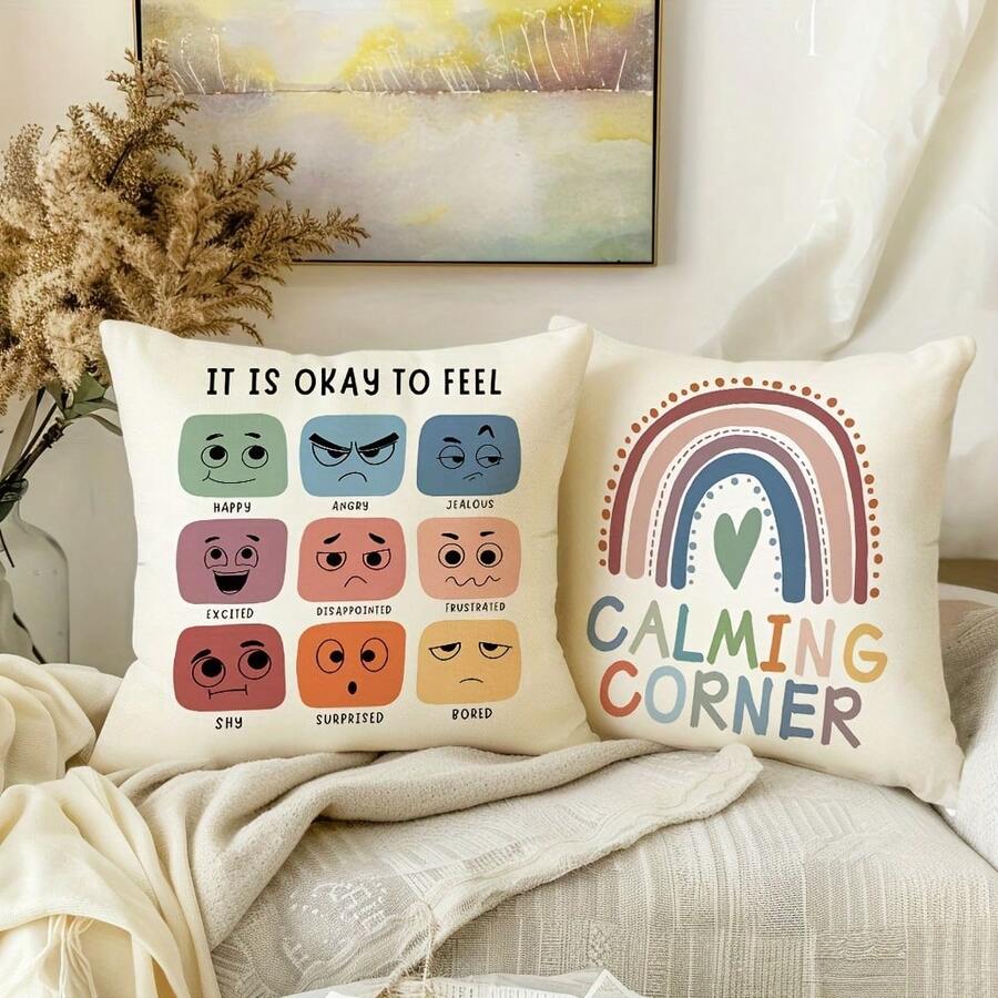 2 buc. fețe de pernă pentru sănătate mintală cu model curcubeu, cu expresii, litere și modele curcubeu, fețe de pernă imprimate pe o singură față cu fermoar din țesătură de poliester, decor pentru casă, potrivite pentru studio, petrecere, canapea extensibilă, terasă exterioară tip casă de la țară, inserția de pernă nu este inclusă