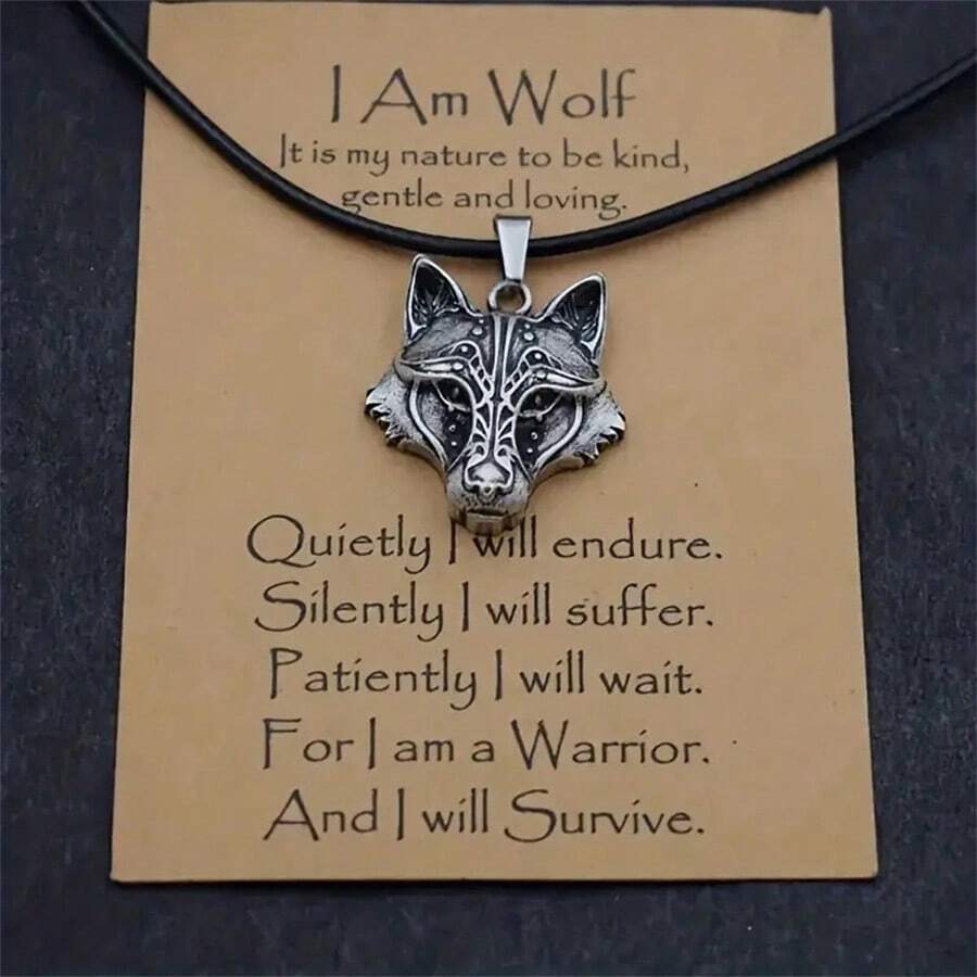 1 pieza Colgante de collar con cabeza de lobo estilo vikingo retro, accesorio de joyería de moda y único, regalo de fiesta para mujeres - Plata antigua - Ver 1