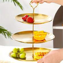 1pc Stainless Steel Gold Round 2/3 Tier Cake Plate, Dessert Display Stand For Christmas, Birthday Party Serving Platter - Vàng - Xem 2