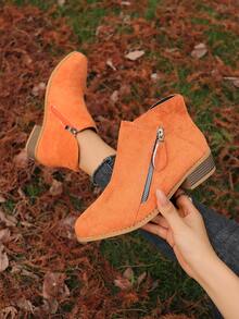 女式低跟圆头切尔西靴，侧拉链，短款踝靴，纯色，春秋季 - 橘色 - 查看 2