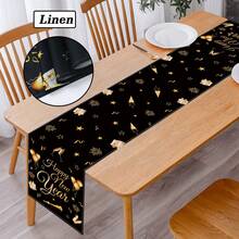 1Pc 2026 Black Gold New Year Linen Table Runner,Happy New Year Table Cover With Balloons,Firework And Gifts Design,183*33cm Linen Cloth Tablecloth,New Year Home Decor,New Year Party Supplies,New Year Celebration Decorations,New Year's Eve Decor,Kitchen Decor,Tabletop Decor