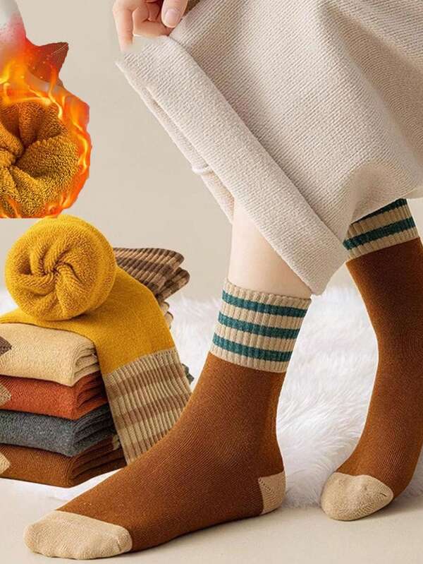 5 pares de calcetines térmicos de invierno para mujer, calcetines de toalla japonesa de tres barras cálidos - calcetines de tripulación gruesos y suaves para clima frío, color aleatorio enviado