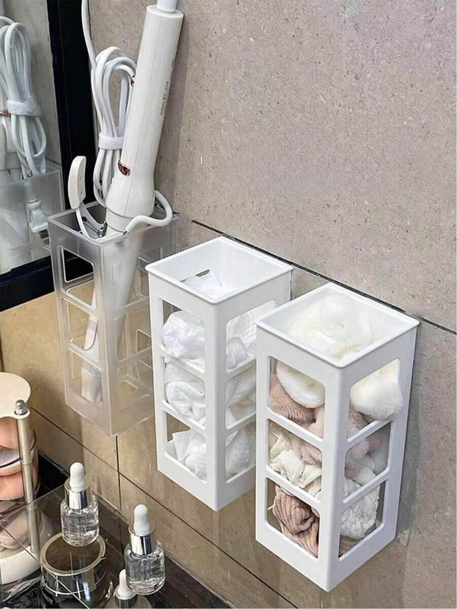 2pcs Wall-Mounted Plastic Storage Boxes, Bathroom Organizer Rack, Suitable For Storing And Organizing Curling Irons, Straighteners, Combs, Makeup Sponges And Other Beauty Products, Bathroom Accessories - Multicolor - View 1