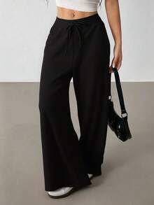 Pantalones blancos de algodón 100% lavados, con dobladillo curvo, para mujer, estilo básico minimalista, para ir a conciertos campestres de verano, salir, playa y vacaciones bohemias. Ropa de mujer para otoño. - Negro - Ver 3