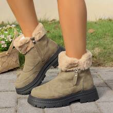 Damen Mode Stiefel, warme, rutschfeste Nieten Mittelschaft Schwarz/Braun Knöchel Stiefel, Schnürstiefel mit flachem Absatz, Damen Schneestiefel für den Winter - Khaki - Übersicht 7