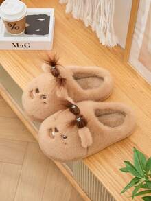 Khaki Cartoon Tier Design Winter Plüsch Hausschuhe, Damen Schlafzimmer EVA Sohle, rutschfest & strapazierfähige dicke Sohle, Paar-Stil