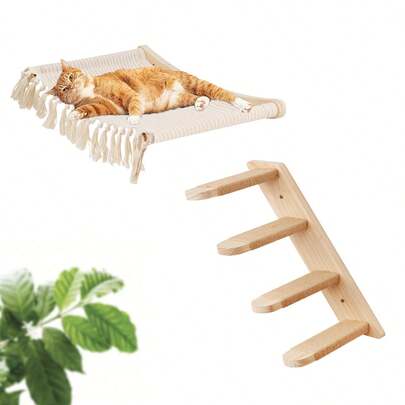 1pc Cat Wall Mounted Shelf & 1pc Cat Perch, Tasseled Cat Hammock, Cat Ladder, Modern Cat Furniture Suitable For Sleeping, Playing And Climbing