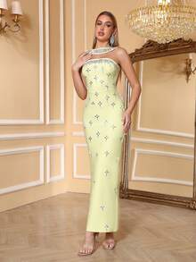 Love Aing Women's Yellow Rhinestone Scarf, Elegant Luxury Formal Evening Gown, Suitable For Formal Dinner, Business Party, Wedding Guest, Date Dress