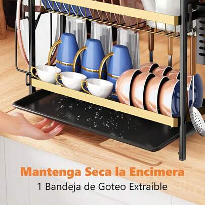 Escurridor de Platos de Acero Inoxidable 2 Niveles con Bandeja de Drenaje Soporte para Utensilios y Tabla de Cortar para Cocina Color Blanco