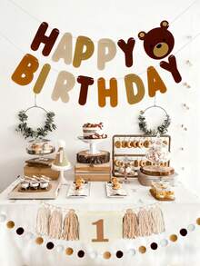 1/4件套手工小熊主题生日派对装饰套装，包含流苏花环、生日快乐横幅、毛毡绒球花环、生日锥形帽、蛋糕装饰插牌，适合生日派对装饰 - 彩色 - 查看 4