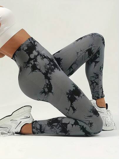 YZ-21 Yoga Trendy Leggings sin costuras de tiro alto con estampado efecto teñido anudado