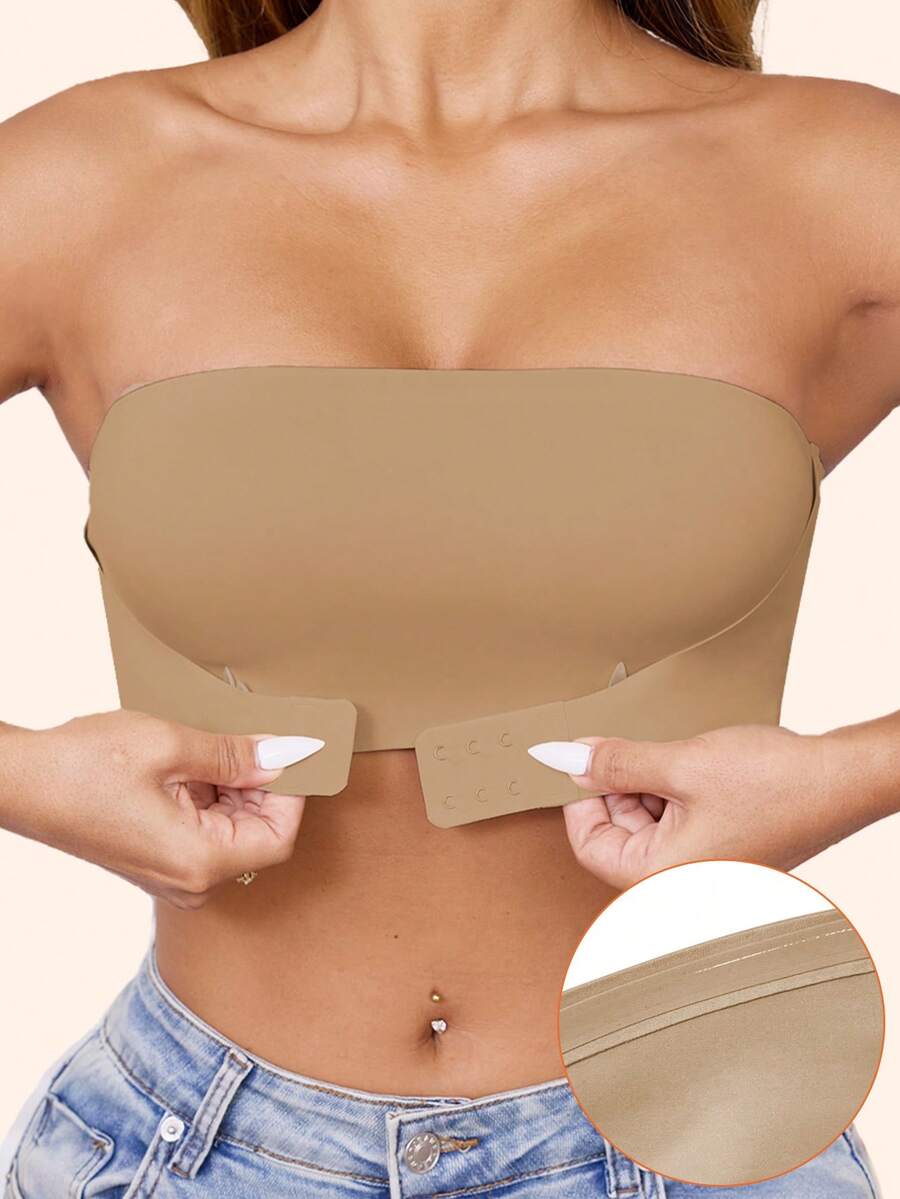 女士前扣式无肩带加厚文胸，新娘抹胸内衣，舒适透气黑色内衣，性感无钢圈无缝隐形提拉文胸，婚纱文胸 - 卡其色 - 查看 1