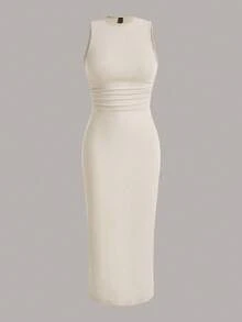 Vestido ajustado unicolor tejido de canalé - Beis - Ver 1