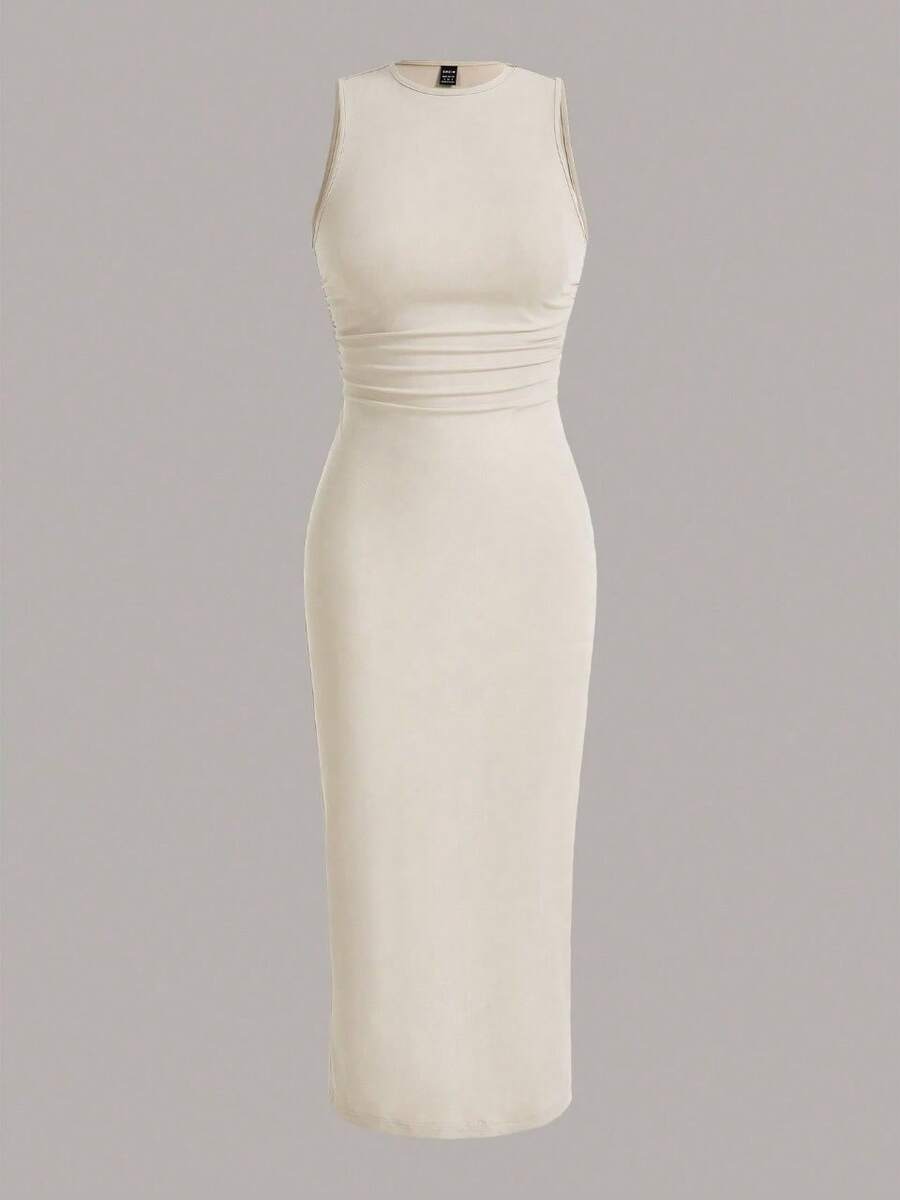 Vestido ajustado unicolor tejido de canalé - Beis - Ver 1