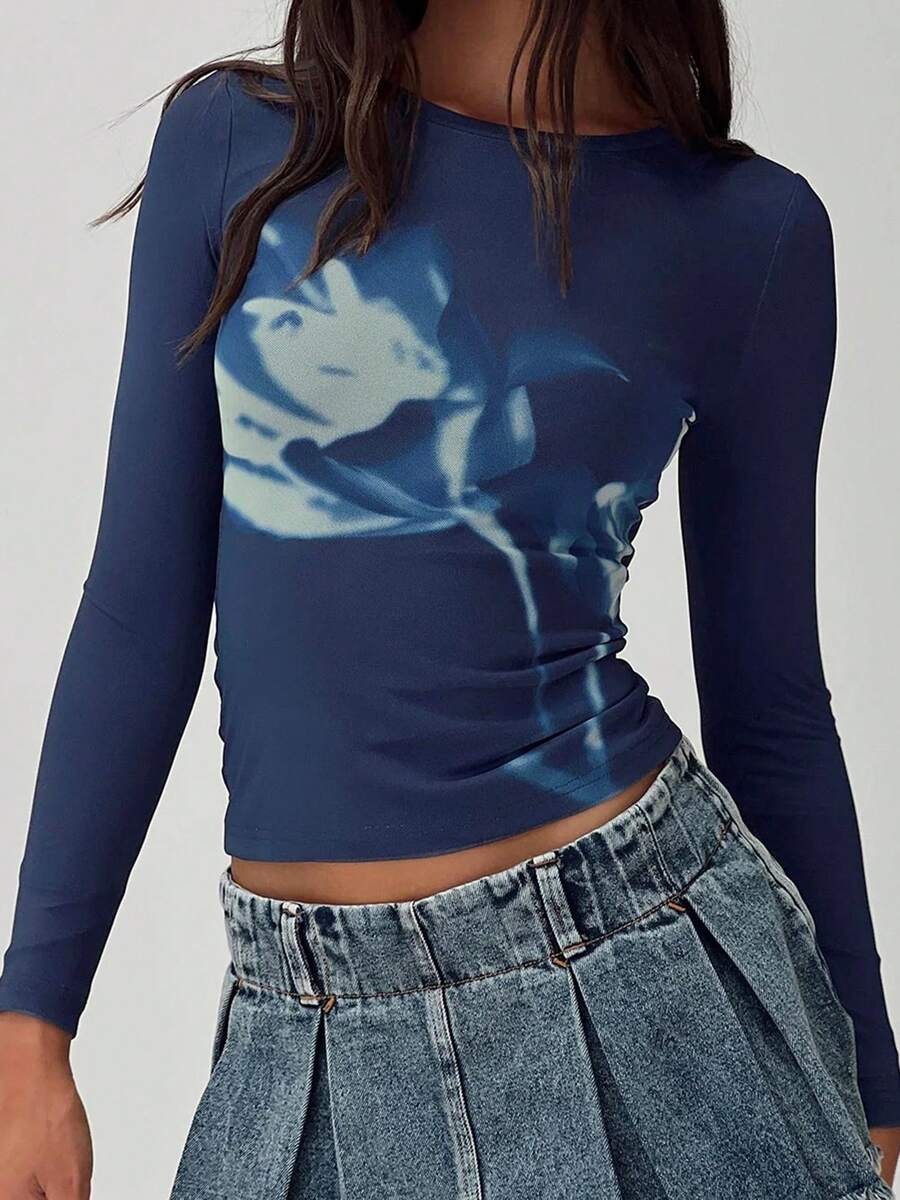 Women's Spring Fall Floral Tops Long Sleeve Round Neck Slim Fit Blouse For Party - Azul - Ver 1