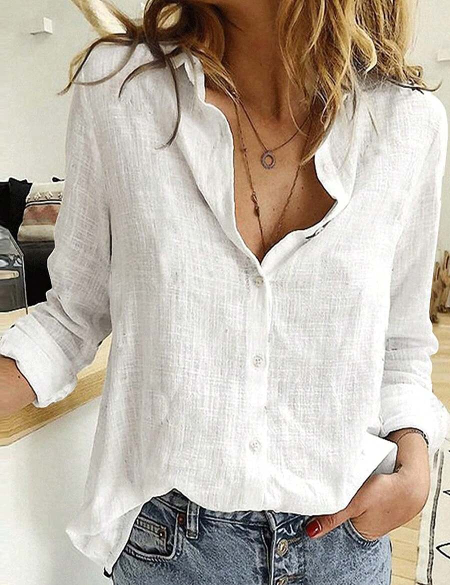 Women's Cotton Linen Blouse Long Sleeves Plus Size - trắng - Xem 1