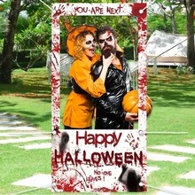 Horror Halloween Photo Booth Backdrop - Polyester Fiber Blood Hand Print Design - Multifunctional Horror Party Hanging Decor And "Happy Halloween" Curtain, No Power Needed, Suitable For Halloween - Multicolor - View 3