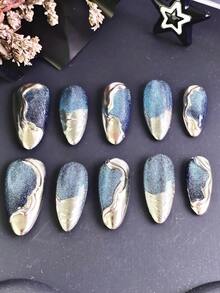 10 sztuk damskich paznokci z cyrkoniami, nakładane paznokcie, zielone paznokcie, szmaragdowe kocie oko, płynny metal, fale wody, kryształ 3D, luksusowy design, akrylowy zestaw sztucznych paznokci o pełnym kryciu z klejem do paznokci, odpowiedni na wieczorne przyjęcie VIP, bankiet, czerwony dywan, wesele, luksusowy prezent dla kobiet, najlepszy prezent dla niej - Wielokolorowe - Zobacz 4