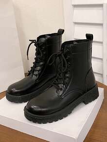 2025 Herbst/Frühling Neue Vintage Plateau Schnür-Plateau-Stiefeletten mit rundem Zehenbereich und Plateauabsatz, Schwarz, Kurze Stiefel für Damen