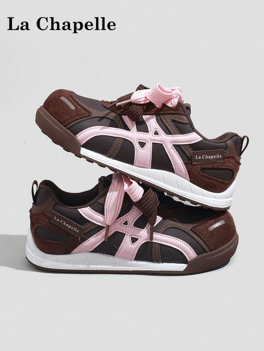1 双 La Chapelle 女式厚底系带软底休闲鞋，低帮户外平底鞋，圆头低跟纯色优雅软底登山鞋适合学生毕业照，女式低帮皮革运动凉鞋 - 深咖/粉 - 查看 1