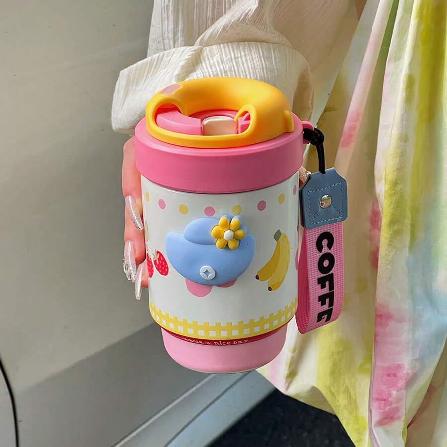 Double-Lid Rotating Coffee Mug, Insulated Tumbler, Portable, Cute, Simple, Stainless Steel - TB5013-Pink dan Putih (Lapisan Dalam Keramik) - View 1