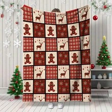 Christmas1pc Gingerbread Man, Little Deer, Snowflakes, Red Plaid Flannel Blanket,280gsm, Retro Patchwork Style Throw Blankets, Blanket For Bed, Tapestry,Rug, Suitable For Home Decor,The Four Seasons, Bedroom Decor, Room Decoration Stuff, Living Room Decor, Picnic Blanket, Best Friend Gifts, Bed.