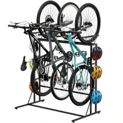 OYEAL Bike Rack Garage Floor Bike Storage Stand With 6 Hooks Indoor Vertical Bicycle Organizer For 3 Adult Mountain/Road 1 Bikes Max Tire Width 2.6 Black