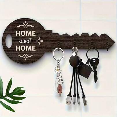 Home Sweet Home Key Holder Rack With 4 Metal Hooks - Rustic Wood Wall Decor, Suitable For Porch And Room, Farmhouse Style, No Electricity Needed, Great For Kitchen And Dining Room Decor, Key Storage Solution | Fashionable Key Chain | Natural Wood Surface