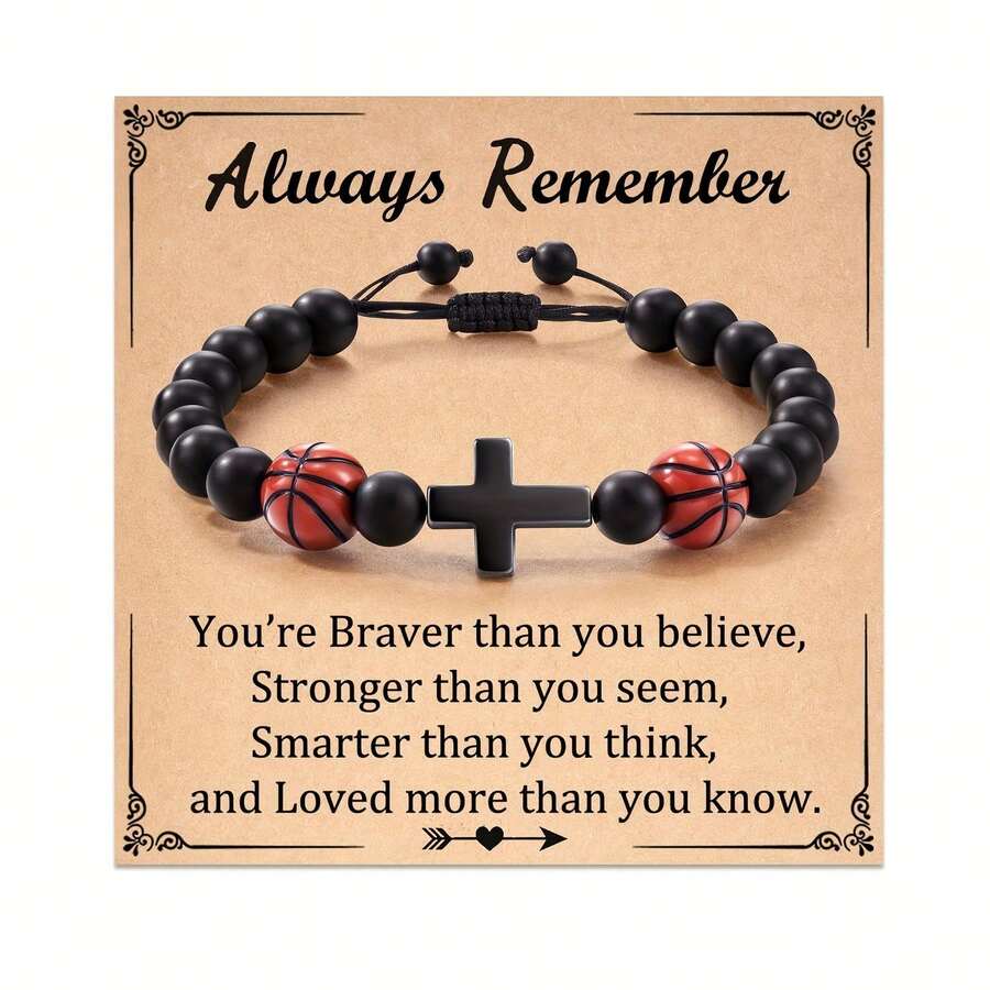 1 Piece Sports Beaded Bracelet Carded Football Basketball Baseball Design Inspirational Cross Jewelry Lightweight Durable Boys' Accessory For Son Holiday Gift Daily Wear - 1 - View 1
