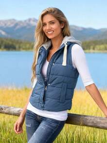 Women's Hooded Puffer Vest, Winter Warm Zip Up Quilted Jacket For Outdoor Casual Wear - Màu xanh lam - Xem 4