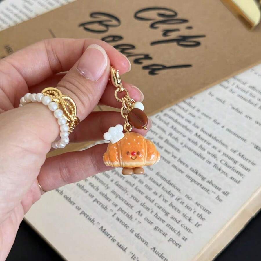 1Pc Little Chef Bread Coffee Beans Turning Bag Zipper Buckle Earphone Bag Pendant Mobile Phone Charm - 09-2765 牛角包小廚師 包掛一條 - 查看 1