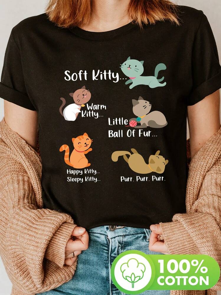 Camiseta unisex para adultos con estampado de gato, de manga corta y cuello redondo, top casual para verano y primavera, ropa de mujer - Negro - Añade 6