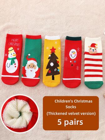 5 pares de calcetines navideños para niños, con diseño de dibujos animados navideños, forro térmico grueso, cálidos para otoño/invierno, calcetines hasta el tobillo para niños y niñas