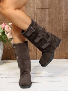 Women's Square Toe Chunky Heel Mid-Calf Boots, Simple Belt Buckle Zipper Decor Fashion Riding Boots