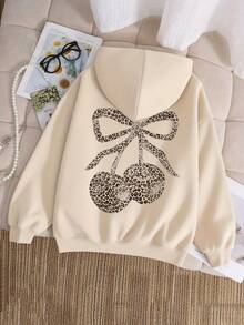 1pc Tween Girls Cute Leopard Print Bow Cherry Sweatshirt, Soft And Comfortable, Suitable For Spring And Autumn Daily Wear - Apricot - View 3