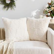 1pc/2pcs Beige Christmas Tree Embossed Decorative Pillow Cover (Pillow Insert Not Included), Reversible Dutch Linen Fabric, Square Cushion Cover, Holiday Home Decor Pillow, Soft Velvet Fabric, Modern Decor For Sofa, Bedroom, Dorm - Beige - View 2