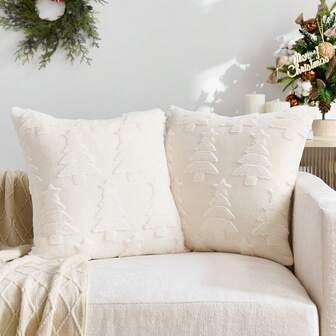 1pc/2pcs Beige Christmas Tree Embossed Decorative Pillow Cover (Pillow Insert Not Included), Reversible Dutch Linen Fabric, Square Cushion Cover, Holiday Home Decor Pillow, Soft Velvet Fabric, Modern Decor For Sofa, Bedroom, Dorm