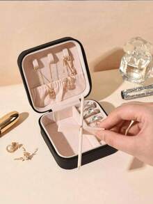 Minimalist Jewelry Box, Portable PU Material Jewelry Case, Summer Travel Jewelry Storage Box, Mini Jewelry Organizer Box For Earrings, Necklaces, Rings, Jewelry Display And Storage, Large Capacity Jewelry Holder, Suitable For Earrings, Rings, Necklaces, Bracelets, Nail Art, Gifts For Mother's Day, Christmas, Halloween, Women For Women Storage Organizer Travel Essentials Back To School Dormitory Storage - màu đen - Xem 6