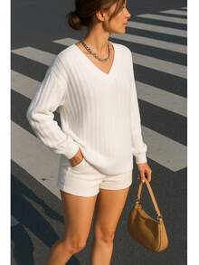 Blusa Tipo Suéter Oversize con Escote en V Tallas Grande Tandera - Blanco - Ver 2