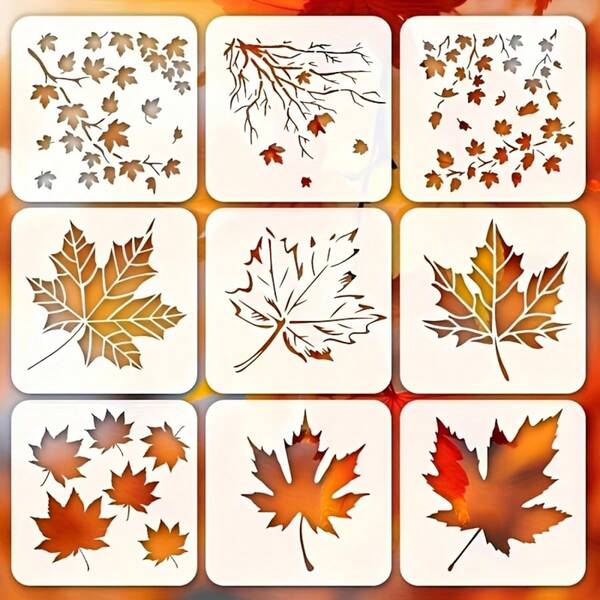 9 Peças Conjunto de Moldes de Folha de Bordo de Ação de Graças - Estênceis Reutilizáveis DIY de 9,9 cm para Cartões, Scrapbooking, Arte em Tela, Parede de Madeira e Decoração Doméstica - Pintura em Tecido Multicolorida