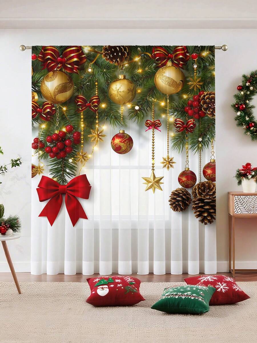 1 pieza Cortina decorativa transparente navideña, con lazo rojo, flor dorada, globo dorado, rama de pino, árbol de Navidad, adecuada para sala de estar, fiesta navideña, dormitorio, cocina, 100g/m²