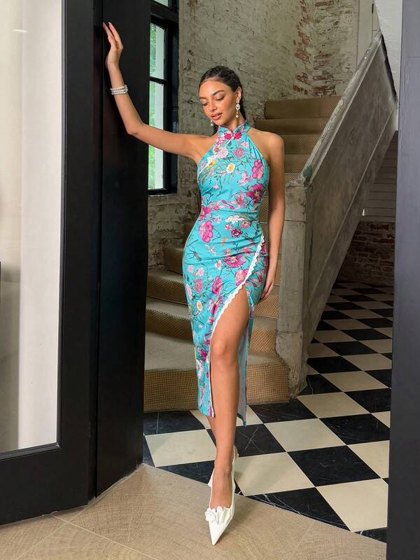 Faeriesty Premium Floral Lace-Trimmed Sleeveless Cheongsam Dress | Modern Mandarin Collar & High Side Slit Design | Elegant Banquet Gown For Galas, Formal Dinners, Business Receptions, Anniversary Celebrations, Luxury Events