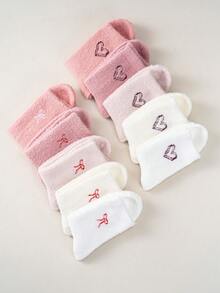 1/5 pares aleatorios de calcetines gruesos de invierno de peluche de visón para niños, serie rosa y blanca con diseño de corazón y lazo, calcetines cálidos hasta el tobillo