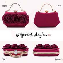 Emprier Women Flower Evening Handbag Satin Floral Clutch Purses Chain Strap Shoulder Bag - Burgundy - View 3