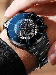 4-Piece Stylish Business Casual Men's Watch Set, Including A Stainless Steel Quartz Movement Watch, A Cross Necklace, A Bracelet And A Ring - Business Casual Style - The Perfect Gift For Him, Birthday Gift, Graduation Gift