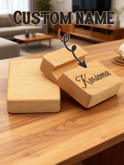 1 Pc, Personalized Custom Wooden Phone Stand, Laser Engraved, Custom Name, Customized Wooden Phone Stand, Acoustic Holes, Suitable For Desktop, Travel, Business, And Outdoor Use, Ideal For Home, Office, Unique Gifts Or Souvenirs.