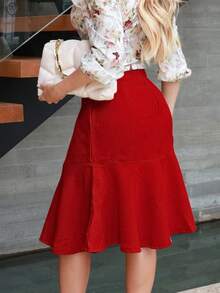 Women's Midi Skirt Tailored Ruffle Linen Fashion Godet High Waist Elegant - 珊瑚粉 - 查看 2