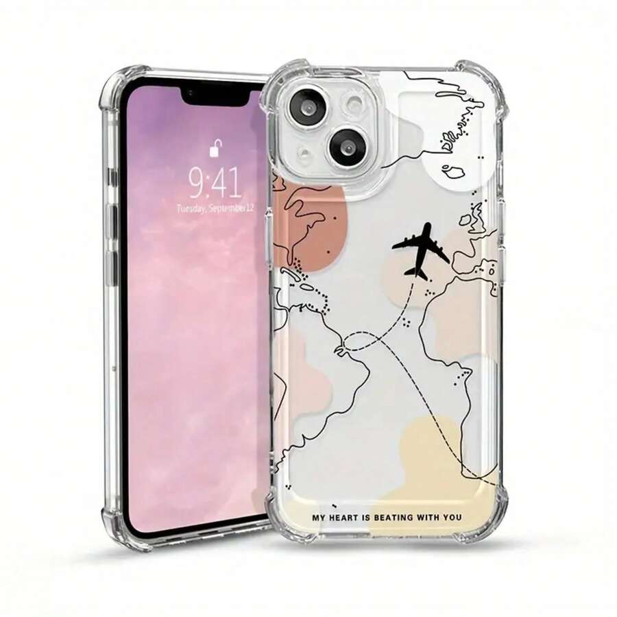 Soft Silicone A Transparent, Colorful Airplane Route Graphic Phone Designed 16 Pro, 11, 12, 13 Pro, 14 Pro, And 15, Featuring Four Corners Drop Soft To, Hard To Beat - 1pc - 查看 1