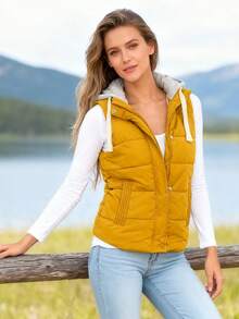 Women's Hooded Puffer Vest, Winter Warm Zip Up Quilted Jacket For Outdoor Casual Wear - Màu vàng - Xem 5