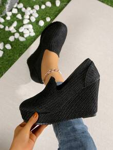 10cm Wedge Heel Elegant Black Comfortable Versatile Slip-On Flats, Suitable For Daily, Vacation, Commute, Party, Valentine's Day Date - Black - View 7